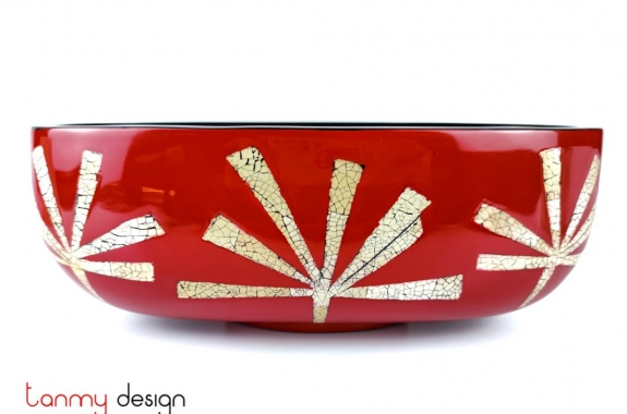 Red oval bowl attached with eggshell palm leaf / small size